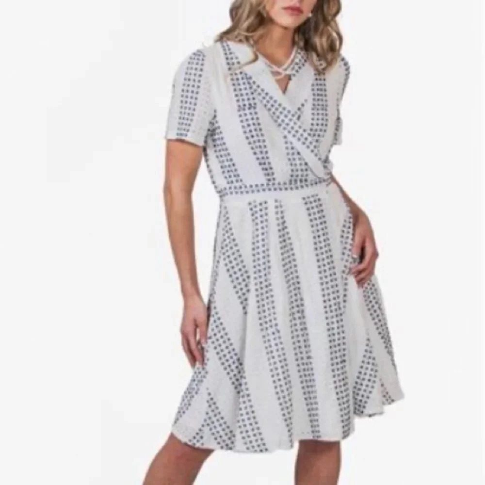 I. Madeline NWT Checked Eyelet Short Sleeve Waist Tie Wrap Dress White/Blue  S